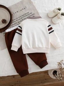 SHEIN 2pcs Toddler Boy Polo Shirt Pants Preppy Ivory Brown Navy Striped Knit Horse Embroidery Long Sleeve Collar Ribbed Fall Winter Outdoor Birthday - Multicolor - View 2