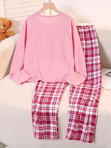 SHEIN Tween Girls Pajamas, New Autumn/Winter Bow & Plaid Print Knit Crew Neck Top With All-Over Plaid Long Pants, 2 Pieces Set, Sweet Style Girls Sleepwear Set, 1 Set - Pink - View 2