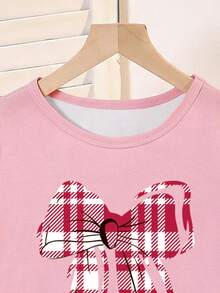 SHEIN Tween Girls Pajamas, New Autumn/Winter Bow & Plaid Print Knit Crew Neck Top With All-Over Plaid Long Pants, 2 Pieces Set, Sweet Style Girls Sleepwear Set, 1 Set - Pink - View 6