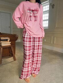 SHEIN Tween Girls Pajamas, New Autumn/Winter Bow & Plaid Print Knit Crew Neck Top With All-Over Plaid Long Pants, 2 Pieces Set, Sweet Style Girls Sleepwear Set, 1 Set - Pink - View 1