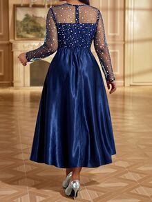 SHEIN CURVE+ Plus Size Formal Party Mesh Patchwork Dress Wedding Cocktail Navy Blue Autumn Clothes Elegant Blue Birthda New Year Fall Christmas - Blue - View 2