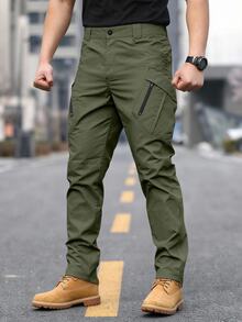 Manfinity Homme Men's Solid Color Pleated Pocket Casual Pants - Army Green - View 1