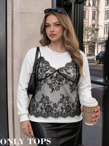 SHEIN MOD Plus Size Autumn/Winter White Lace Patchwork 2 In 1 Sweatshirt, Casual Collegiate Style For Girls, Daily Vacation And Travel Outfit - Black and White - View 4