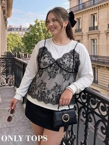 SHEIN MOD Plus Size Autumn/Winter White Lace Patchwork 2 In 1 Sweatshirt, Casual Collegiate Style For Girls, Daily Vacation And Travel Outfit - Black and White - View 3
