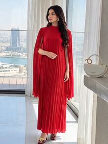 Modelyn Stand Collar Cloak Sleeve Dress - Red - View 2