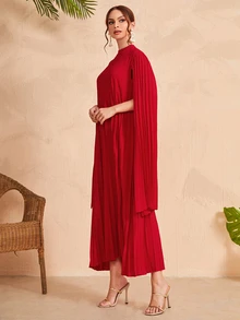 Modelyn Stand Collar Cloak Sleeve Dress - Red - View 5