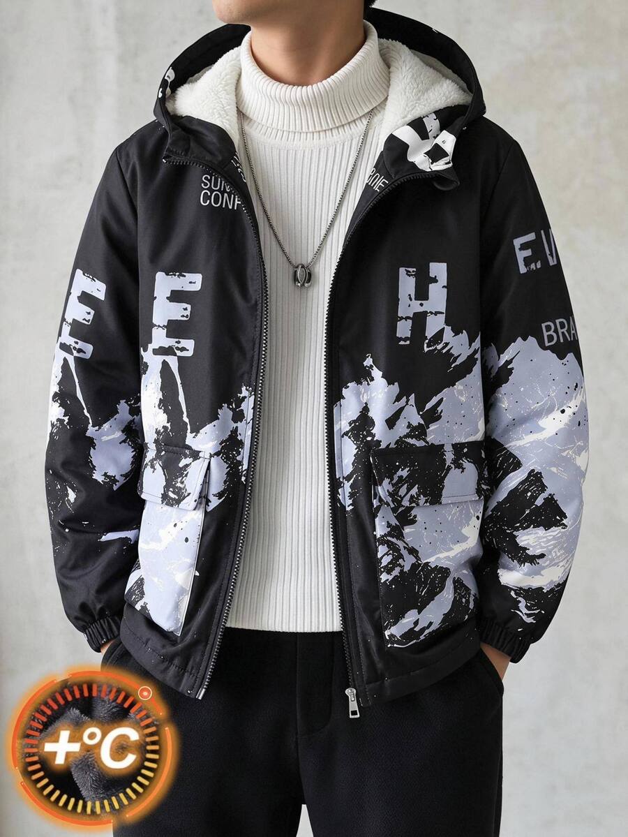 Tween Boys' Hooded Fleece Jacket With Ink Painting Pattern, Suitable For Autumn And Winter Commuting, Outdoor Street Wear, And Graduation Season - Black - View 1