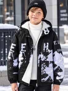 青少年男孩連帽抓絨夾克，水墨彩繪圖案，適合秋冬通勤、戶外街頭穿搭及畢業季 - 黑色 - 查看 8