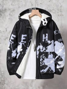 青少年男孩連帽抓絨夾克，水墨彩繪圖案，適合秋冬通勤、戶外街頭穿搭及畢業季 - 黑色 - 查看 2