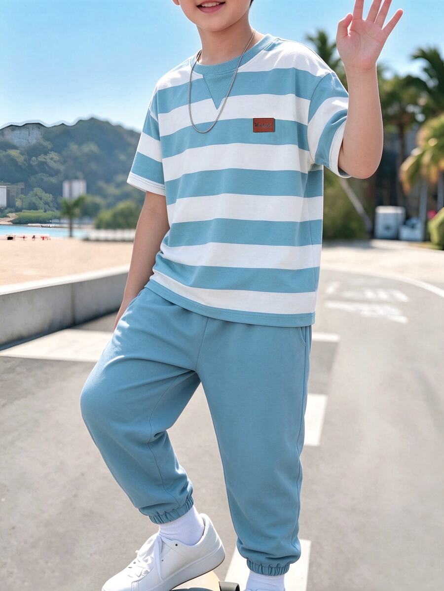 SHEIN 2pcs/Set Tween Boys Casual Minimalist Black & White Striped Tee Shirt And Pants Outfit, Suitable For Spring, Summer, Autumn Daily Wear Outings