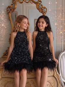 Elegant All Black Sequin Fur Trim Mid-Length Dress For Tween Girls,Fall Birthday Party Wedding New Year Glamorous Round Neck Beaded Evening Gown - Black - View 1