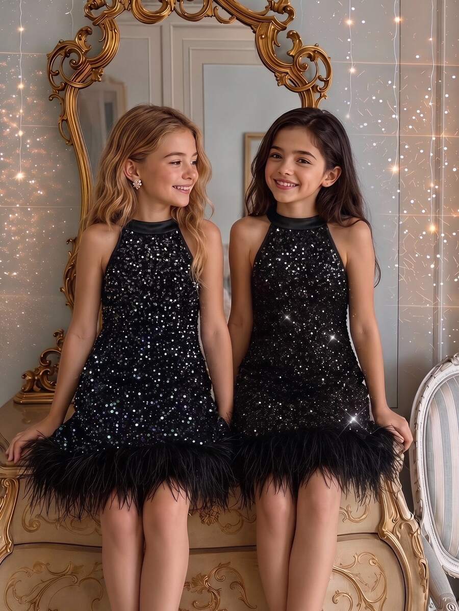 Elegant All Black Sequin Fur Trim Mid-Length Dress For Tween Girls,Fall Birthday Party Wedding New Year Glamorous Round Neck Beaded Evening Gown - Black - View 1