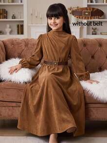SHEIN Tween Girl Casual Fitted Kids Loose A-Line Thick Corduroy Textured Long Sleeve Petal Sleeve Back To School Brown Autumn - Brown - View 4