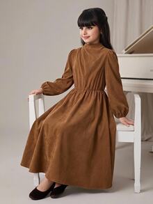 SHEIN Tween Girl Casual Fitted Kids Loose A-Line Thick Corduroy Textured Long Sleeve Petal Sleeve Back To School Brown Autumn - Brown - View 7