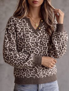 Wandoria Women's Autumn New Arrival Single Piece V-Neck Fitted Leopard Print Fashion Personalized Elegant Sophisticated Metal Button Versatile Daily Commute Knit Pullover Long Sleeve Sweater - Coffee Brown - View 4