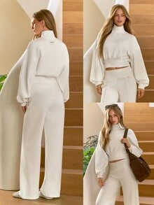 GLOWMODE SoftWarm Modal Bubble Up Sweatshirt Ribbed Cuffs High Neck Oversized Pullover Autumn Winter Daily Wear - White - View 9