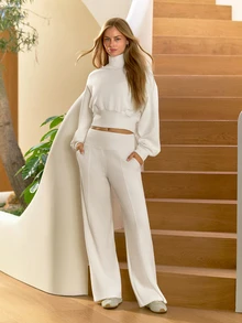 GLOWMODE SoftWarm Modal Bubble Up Sweatshirt Ribbed Cuffs High Neck Oversized Pullover Autumn Winter Daily Wear - White - View 7