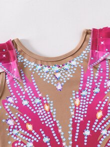 SHEIN ملابس رياضية بدون أكمام مطبوعة للفتيات المراهقات، تصميم ضيق مضاد للانكشاف، ملابس رياضية للجمباز الإيقاعي برسومات رياضية، لمسابقات الرقص المدرسية - روز أحمر - مشاهدة 6