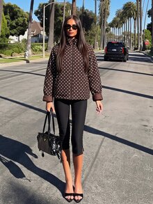 Fluxe Women Coffee Brown Polka Dot Print Padded Jacket Stand Collar Zip Up Quilted Warm Winter Coat Oversized Gym Workout Activewear - Coffee Brown - View 2
