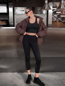 Fluxe Women Coffee Brown Polka Dot Print Padded Jacket Stand Collar Zip Up Quilted Warm Winter Coat Oversized Gym Workout Activewear - Coffee Brown - View 6