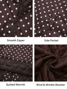 Fluxe Women Coffee Brown Polka Dot Print Padded Jacket Stand Collar Zip Up Quilted Warm Winter Coat Oversized Gym Workout Activewear - Coffee Brown - View 13