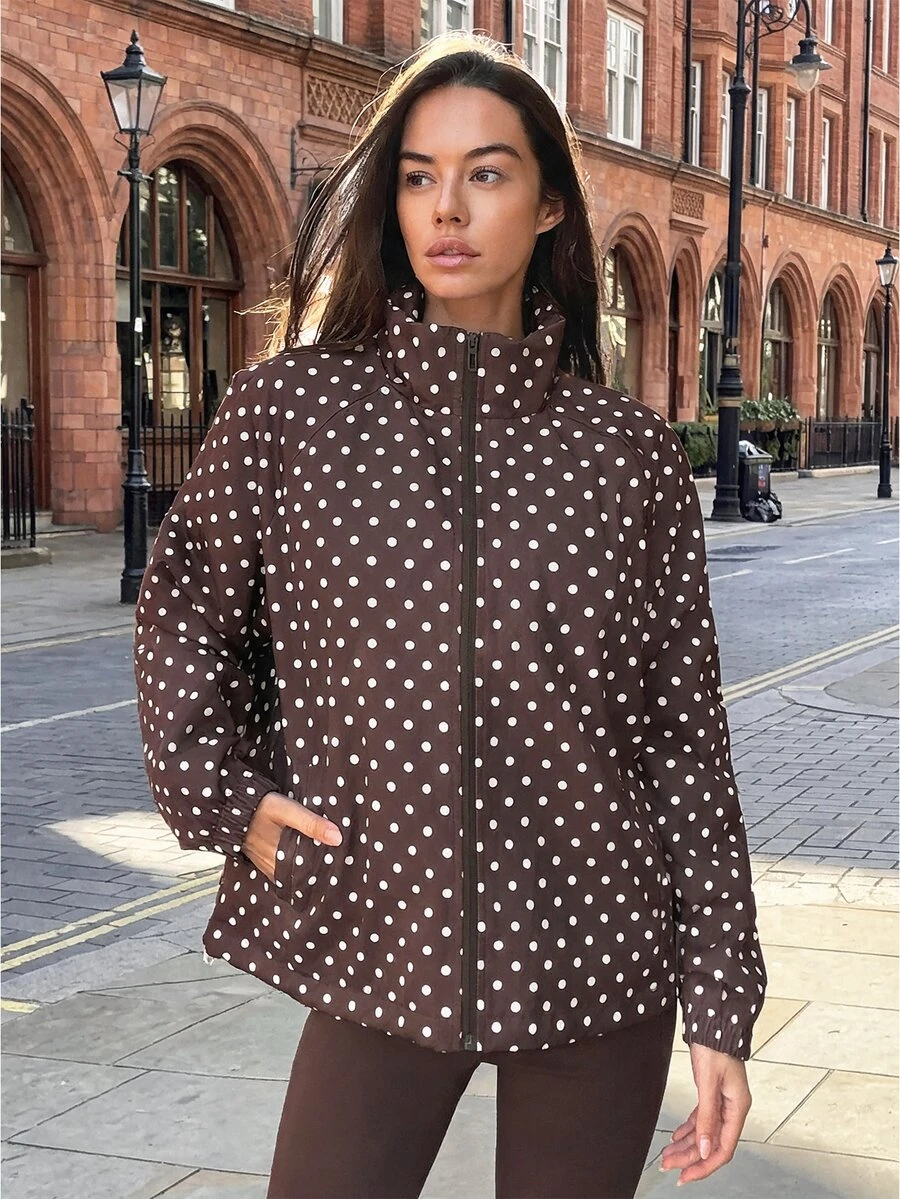 Fluxe Women Coffee Brown Polka Dot Print Padded Jacket Stand Collar Zip Up Quilted Warm Winter Coat Oversized Gym Workout Activewear