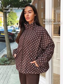 Fluxe Women Coffee Brown Polka Dot Print Padded Jacket Stand Collar Zip Up Quilted Warm Winter Coat Oversized Gym Workout Activewear - Coffee Brown - View 17