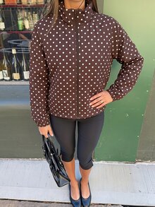 Fluxe Women Coffee Brown Polka Dot Print Padded Jacket Stand Collar Zip Up Quilted Warm Winter Coat Oversized Gym Workout Activewear - Coffee Brown - View 5