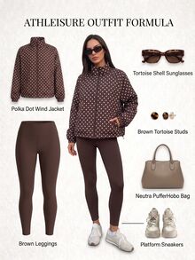 Fluxe Women Coffee Brown Polka Dot Print Padded Jacket Stand Collar Zip Up Quilted Warm Winter Coat Oversized Gym Workout Activewear - Coffee Brown - View 15