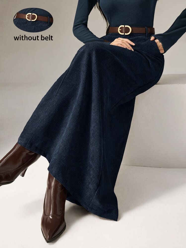 Heiryn Women's Solid Color Long Elegant Commuting A-Line Skirt With Pockets Office Work Fall - Navy Blue - View 1