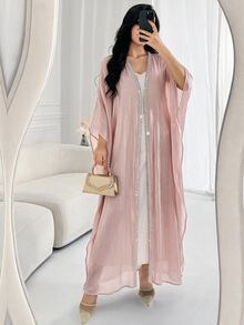 Mulvari عباية عربية نسائية طويلة فضفاضة أنيقة بتصميم كلاسيكي محتشم، مناسبة للزفاف والصيف - كاكي - مشاهدة 2