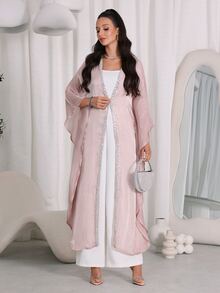 Mulvari عباية عربية نسائية طويلة فضفاضة أنيقة بتصميم كلاسيكي محتشم، مناسبة للزفاف والصيف - كاكي - مشاهدة 10