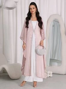 Mulvari عباية عربية نسائية طويلة فضفاضة أنيقة بتصميم كلاسيكي محتشم، مناسبة للزفاف والصيف - كاكي - مشاهدة 5
