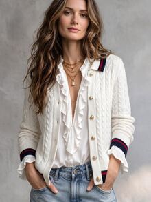 Franclia Casual Fitted Polo Collar Long Sleeve Cable Knit Contrast Stripe Design Beige Women's Winter Cardigan,New Year,Night Out Outfit,Thanksgiving,Country - Beige - View 2