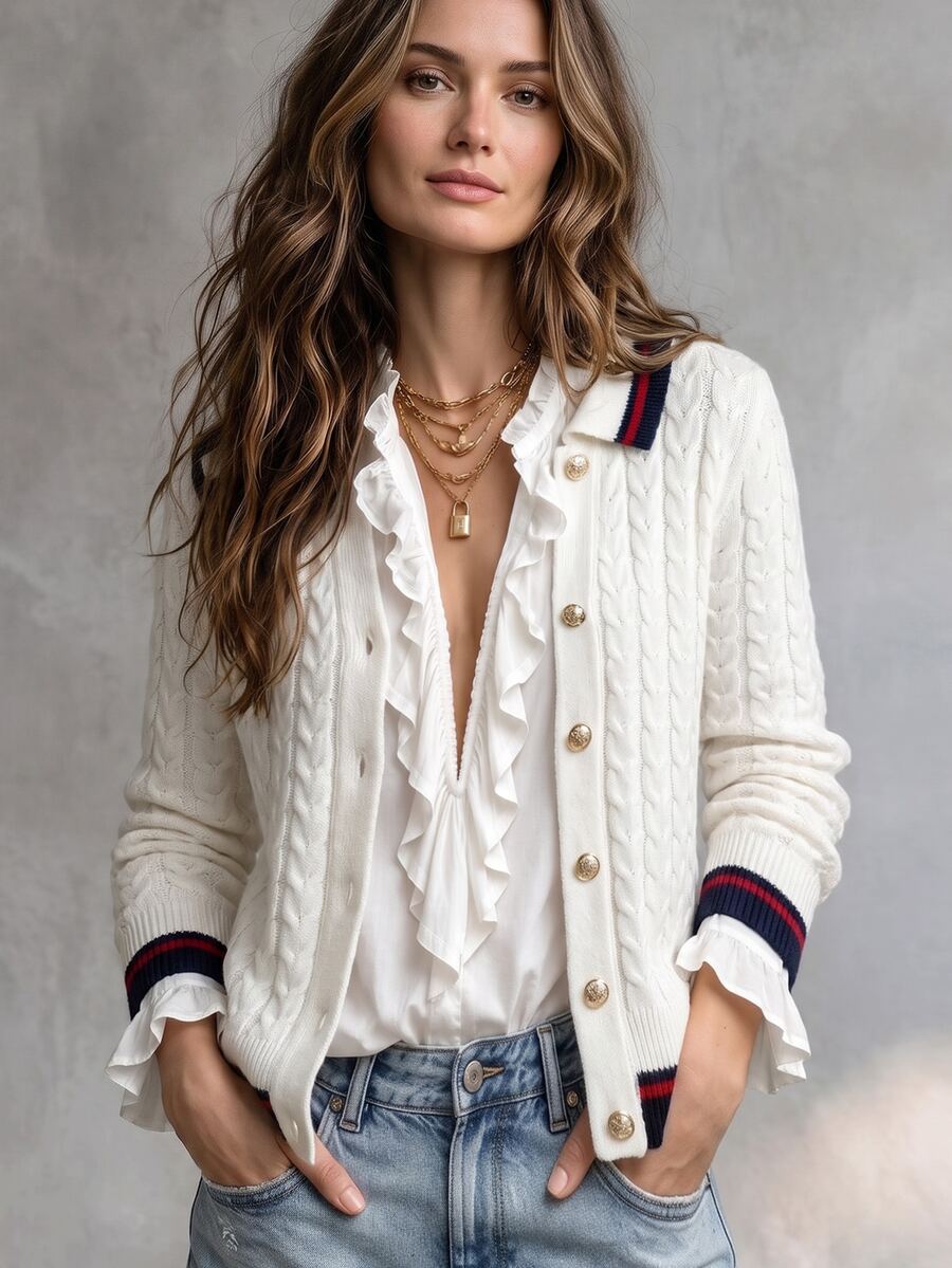 Franclia Casual Fitted Polo Collar Long Sleeve Cable Knit Contrast Stripe Design Beige Women's Winter Cardigan,New Year,Night Out Outfit,Thanksgiving,Country