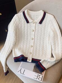 Franclia Casual Fitted Polo Collar Long Sleeve Cable Knit Contrast Stripe Design Beige Women's Winter Cardigan,New Year,Night Out Outfit,Thanksgiving,Country - Beige - View 4