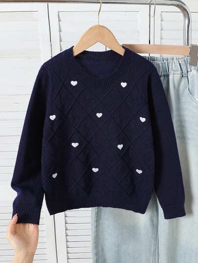 SHEIN Girls' New Navy Blue Heart Embroidered Pullover Crew Neck Long Sleeve Knit Sweater, Mid-Weight, Soft And Comfortable, Suitable For Autumn/Winter, Casual Outings, Holidays, Shopping, Sightseeing, Wear Alone In Autumn And As Layering In Winter