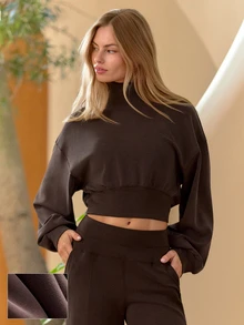 GLOWMODE Sudadera de cuello alto con puños acanalados, dobladillo con burbujas curvas, cintura larga y holgada, de modal suave y cálido para uso diario - Marrón Chocolate - Ver 2