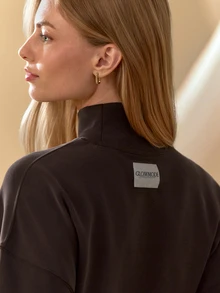 GLOWMODE Sudadera de cuello alto con puños acanalados, dobladillo con burbujas curvas, cintura larga y holgada, de modal suave y cálido para uso diario - Marrón Chocolate - Ver 6