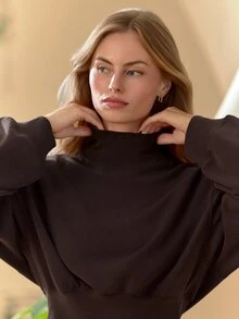 GLOWMODE Sudadera de cuello alto con puños acanalados, dobladillo con burbujas curvas, cintura larga y holgada, de modal suave y cálido para uso diario - Marrón Chocolate - Ver 5