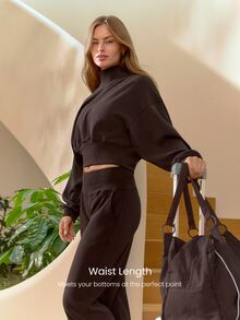 GLOWMODE Sudadera de cuello alto con puños acanalados, dobladillo con burbujas curvas, cintura larga y holgada, de modal suave y cálido para uso diario - Marrón Chocolate - Ver 4