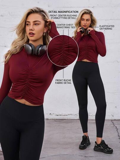 Voyena Plus Size Women's Burgundy Sports T-Shirt, Round Neck Long Sleeve Ruched Knit Top, Fall Winter