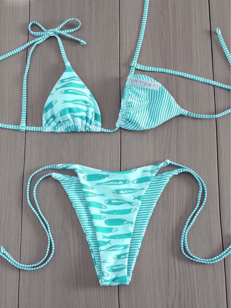 Swim Vcay Fashionable Sweet Shoulder-Tie Bowknot Wireless Removable Padded Sexy Women's Bikini Swimwear 2-Piece Set, Suitable For Beach And Airport - Green - View 6