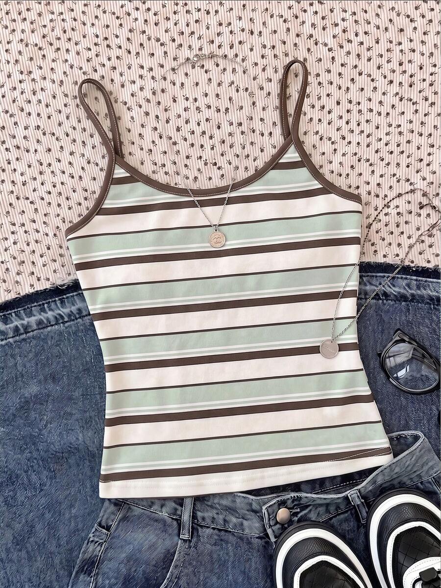 Tween Girls Casual Cute Kids Minimalist Spaghetti Strap Fitted Striped Pattern Summer Top Back-To-School - White - View 1