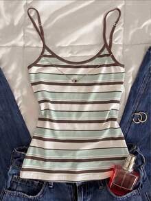 Tween Girls Casual Cute Kids Minimalist Spaghetti Strap Fitted Striped Pattern Summer Top Back-To-School - White - View 2