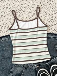 Tween Girls Casual Cute Kids Minimalist Spaghetti Strap Fitted Striped Pattern Summer Top Back-To-School - White - View 4