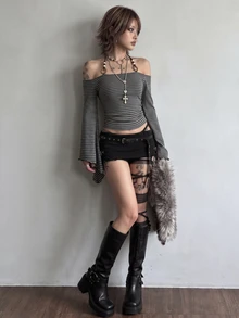 Bloopia Fashion Women's Dark Gray Striped Beaded Halter Neck Casual Top - Dark Grey - View 8