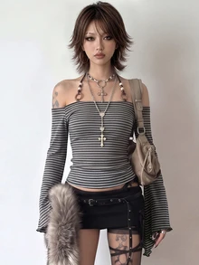 Bloopia Fashion Women's Dark Gray Striped Beaded Halter Neck Casual Top - Dark Grey - View 4