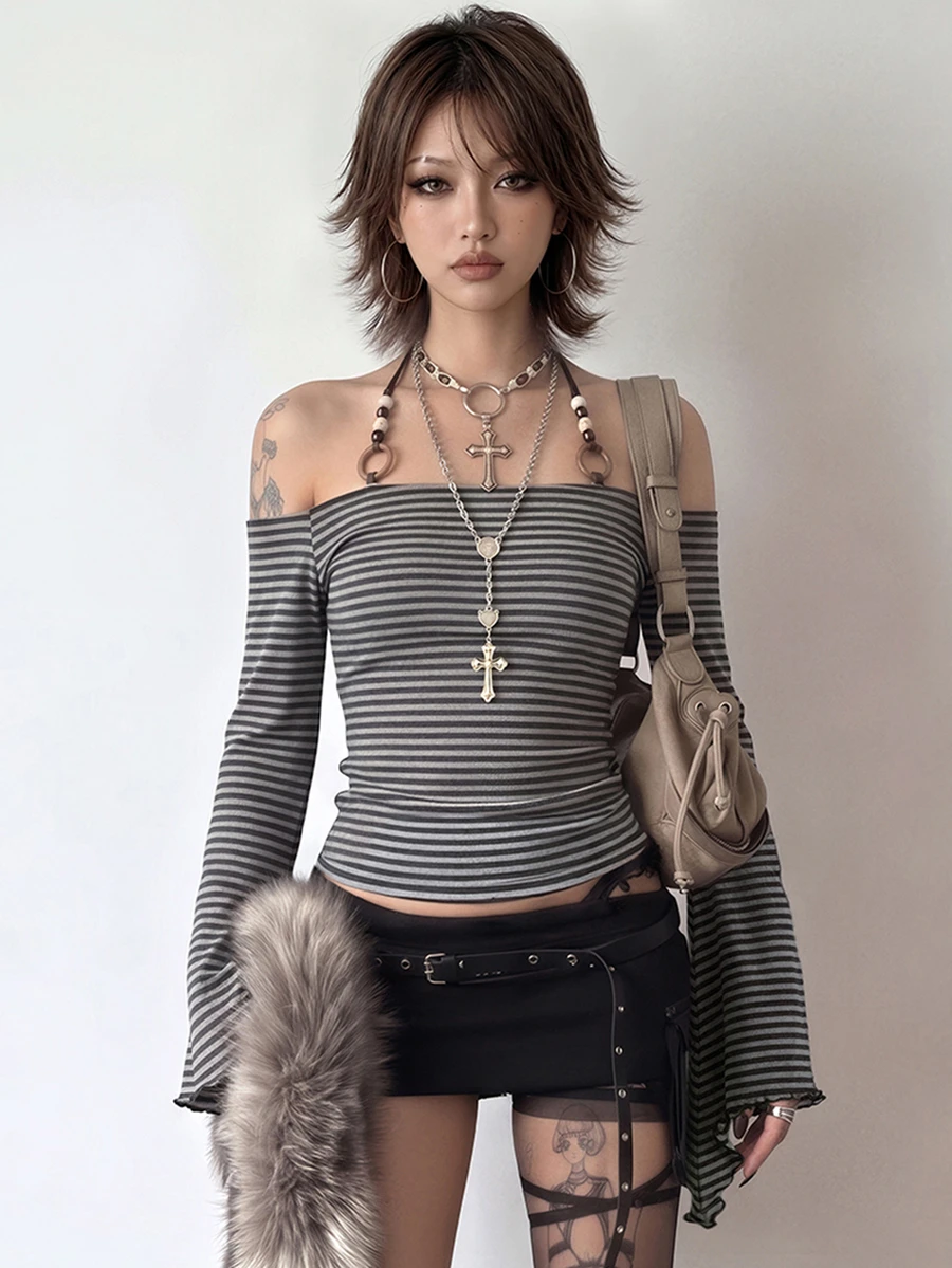 Bloopia Fashion Women's Dark Gray Striped Beaded Halter Neck Casual Top - Dark Grey - View 1