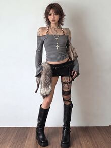 Bloopia Fashion Women's Dark Gray Striped Beaded Halter Neck Casual Top - Dark Grey - View 7